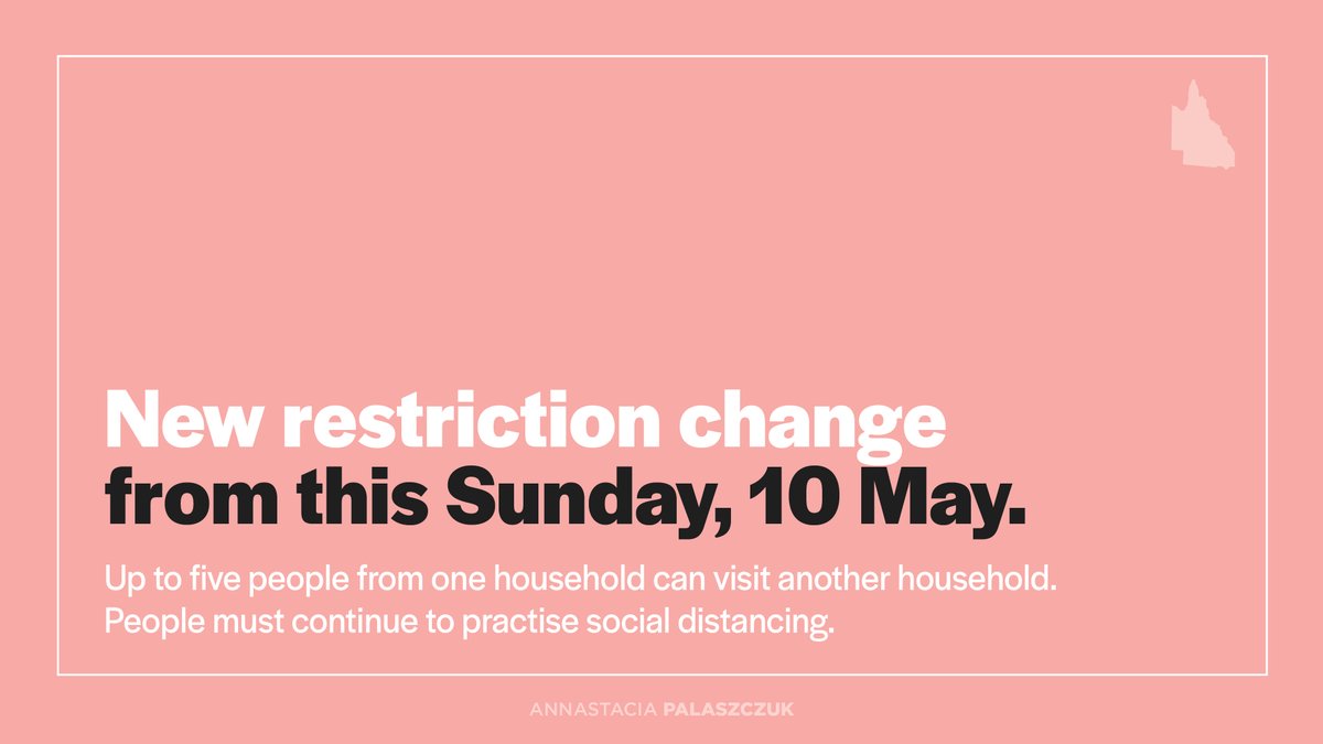 From Sunday, we are easing some restrictions on visiting family and friends. Up to five people from one household will be able to visit another single household. We need to continue to flatten the curve as restrictions ease, so people must continue social distancing. #COVID19aus