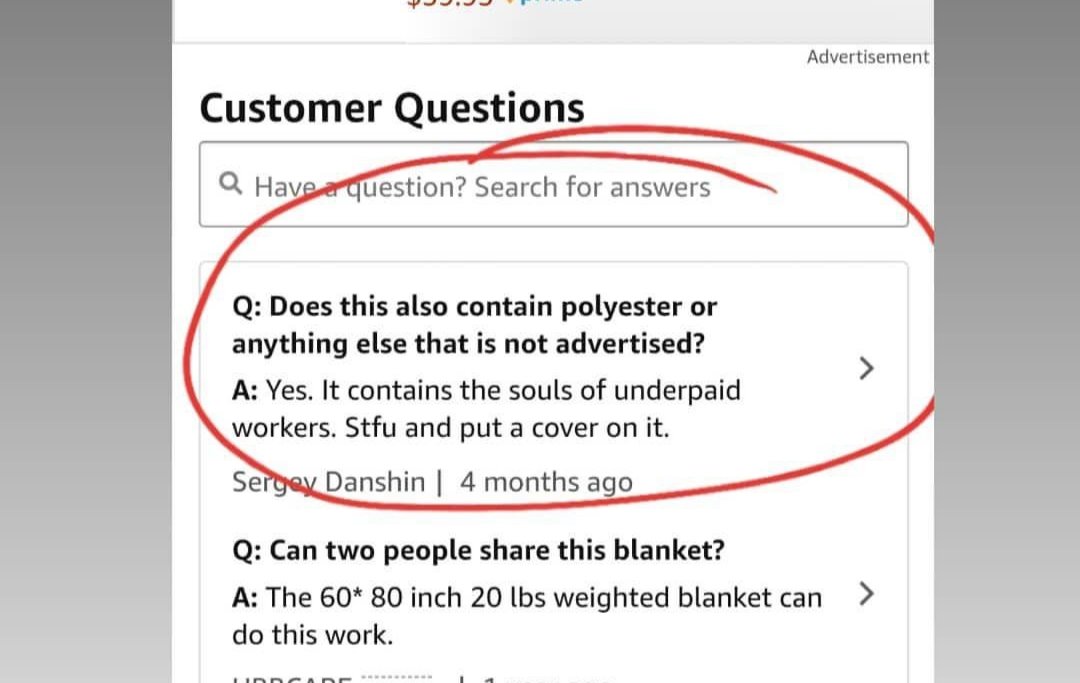 DC_arceno's tweet photo. So I was reading the q&amp;a section of the weighted blanket I was looking at from #amazon and found this.wth!?! 👇 #Savage  🤣 https://t.co/Su40CW0gzr