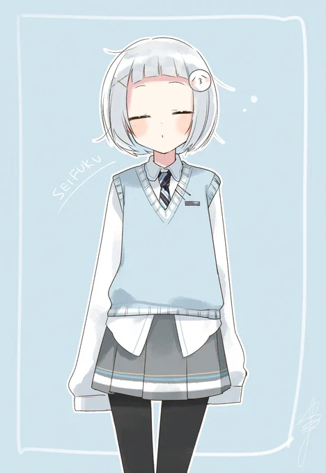 これは作者自画像を擬人化した子に制服のようなものを着せた絵(?) 