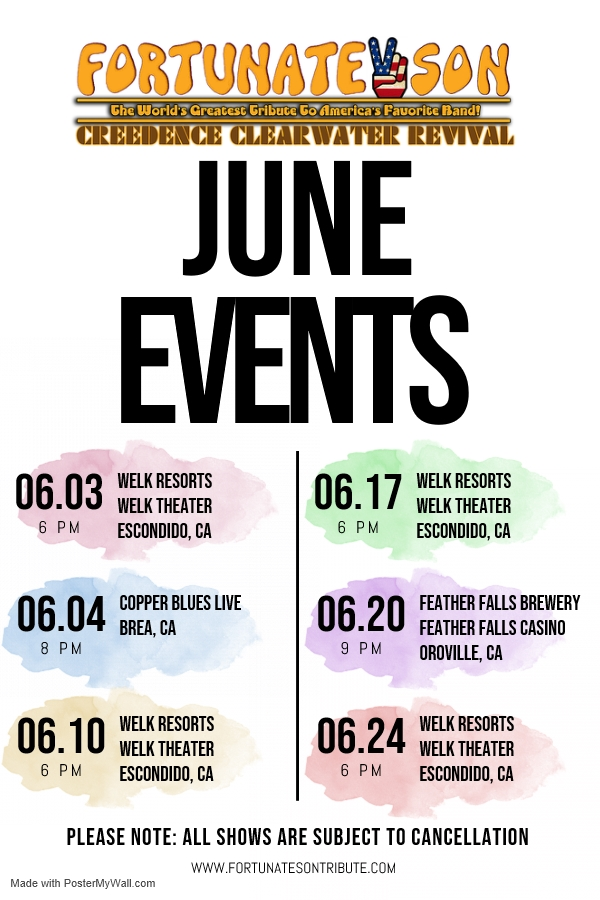 FortunateSonCCR's tweet photo. Here are the still scheduled Fortunate Son June dates. Please note that all shows are subject to cancellation. Fingers crossed https://t.co/zQR6fMV4F4