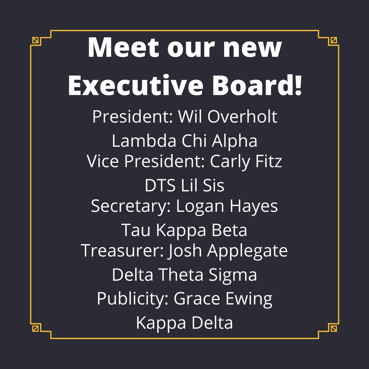 WCGreek's tweet photo. Congratulations to our new Executive Board! We are all excited for this upcoming year. Don’t hesitate to reach out to any of these executive members with questions! Again, congratulations to these individuals! https://t.co/Cb5bGJDxX4