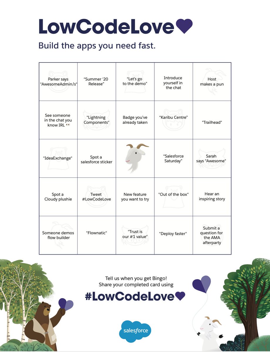 Are you tuning into #LowCodeLove on #SalesforceLive tomorrow? Get ready for the event with this party prep kit 🎉👇 

Posters 👉bit.ly/lowcodelovepos…
Bingo Cards 👉bit.ly/lowcodelovebin…

Print, play, and share during the live event, 11 a.m. PT!