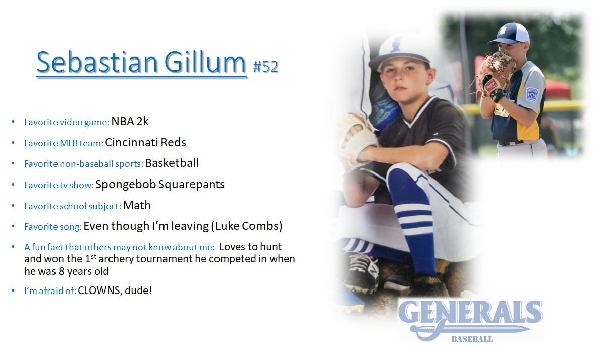 IN_Sharks_2026's tweet photo. Meet #52 Sebastian Gillum, a 12 year old multi-sport athlete who can compete with anyone!  As a General he's showed a relentless work ethic with great baseball ability. A well-mannered, outgoing, polite young man &amp; a 5⭐️General 
@BGillum21 @pgillum07 https://t.co/lQ1brp8QfK