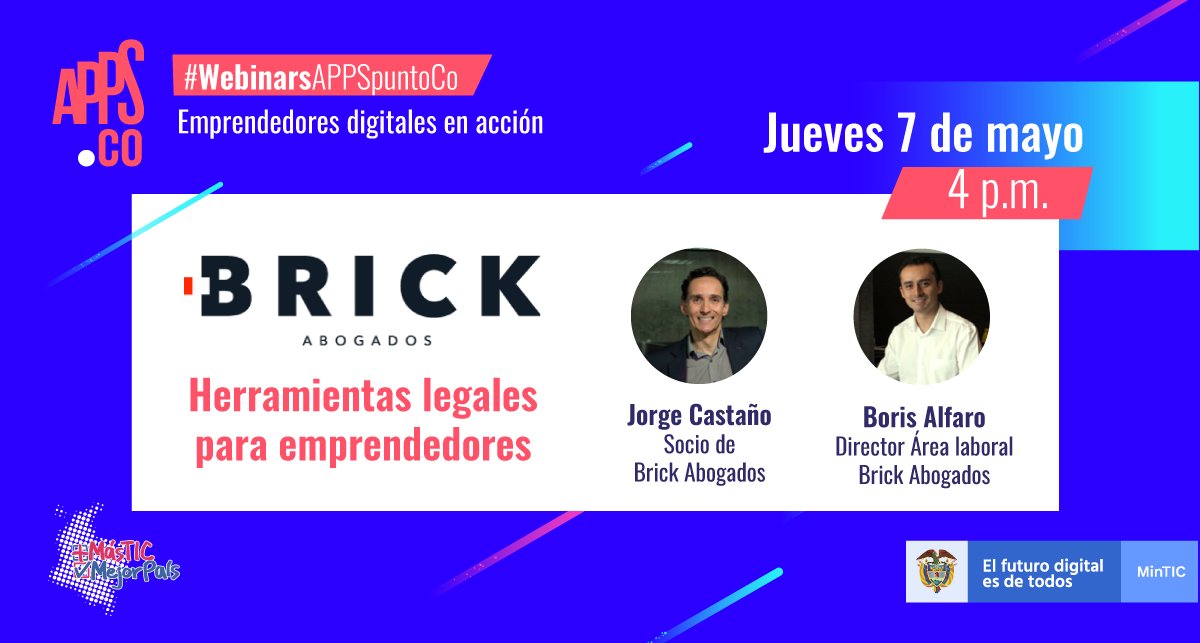 #WebinarsAPPSpuntoCO | Mañana jueves 7 de mayo a las 4:00 p.m, asiste al webinar <a href="/AppsCo/">APPS.CO</a> “Herraminetas legales para emprendedores” 

✅ Alternativas legales para reducir costos.
✅ Alivios financieros. 
✅ Oportunidades legales y mucho más. 

Regístrate:  bit.ly/2VZYyC1
