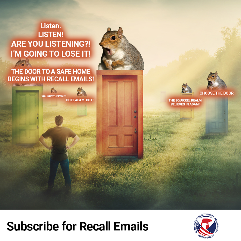 Doors in a field. Giant squirrels are over the doors. The text reads: Listen. Listen! Are you Listening?! I'm going to lose it! The door to a safe home begins with recall emails!
