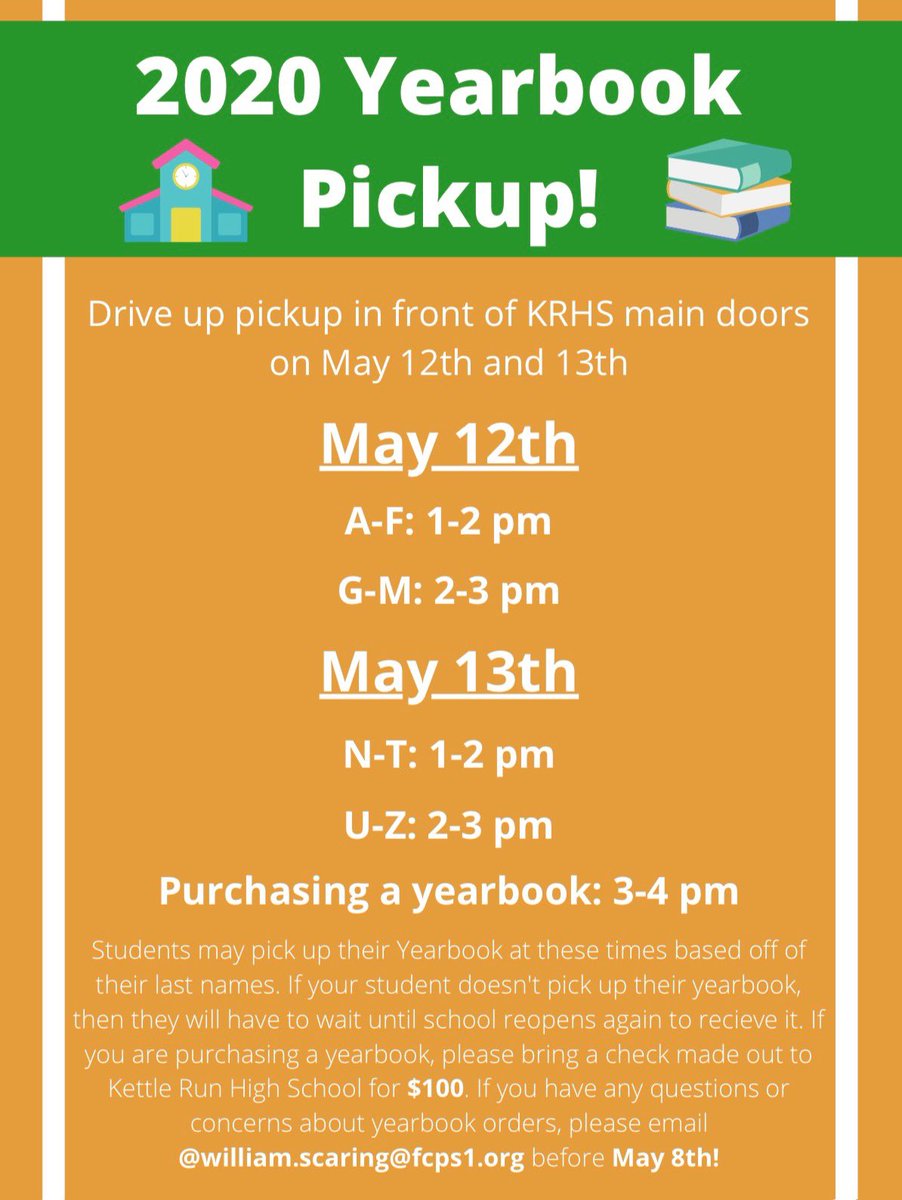 KrhsProwl's tweet photo. 🚨Attention Cougars🚨We are offering drive up yearbook pickup @ KR on 5/12 &amp; 5/13. Check below for your pickup time! https://t.co/4YPiA7L7XH