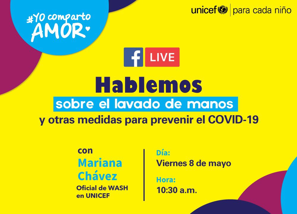 UnicefSV's tweet photo. UNICEF comparte amor brindando útiles consejos sobre el lavado de manos 💧👐🏼 y otras medidas para prevenir el #COVID19.
No te pierdas este 🔴#FacebookLive: viernes 8 de mayo, a las 10:30 a.m.
#YoCompartoAmor #QuedateEnCasa #COVID19SV https://t.co/ONGxVkTfMO