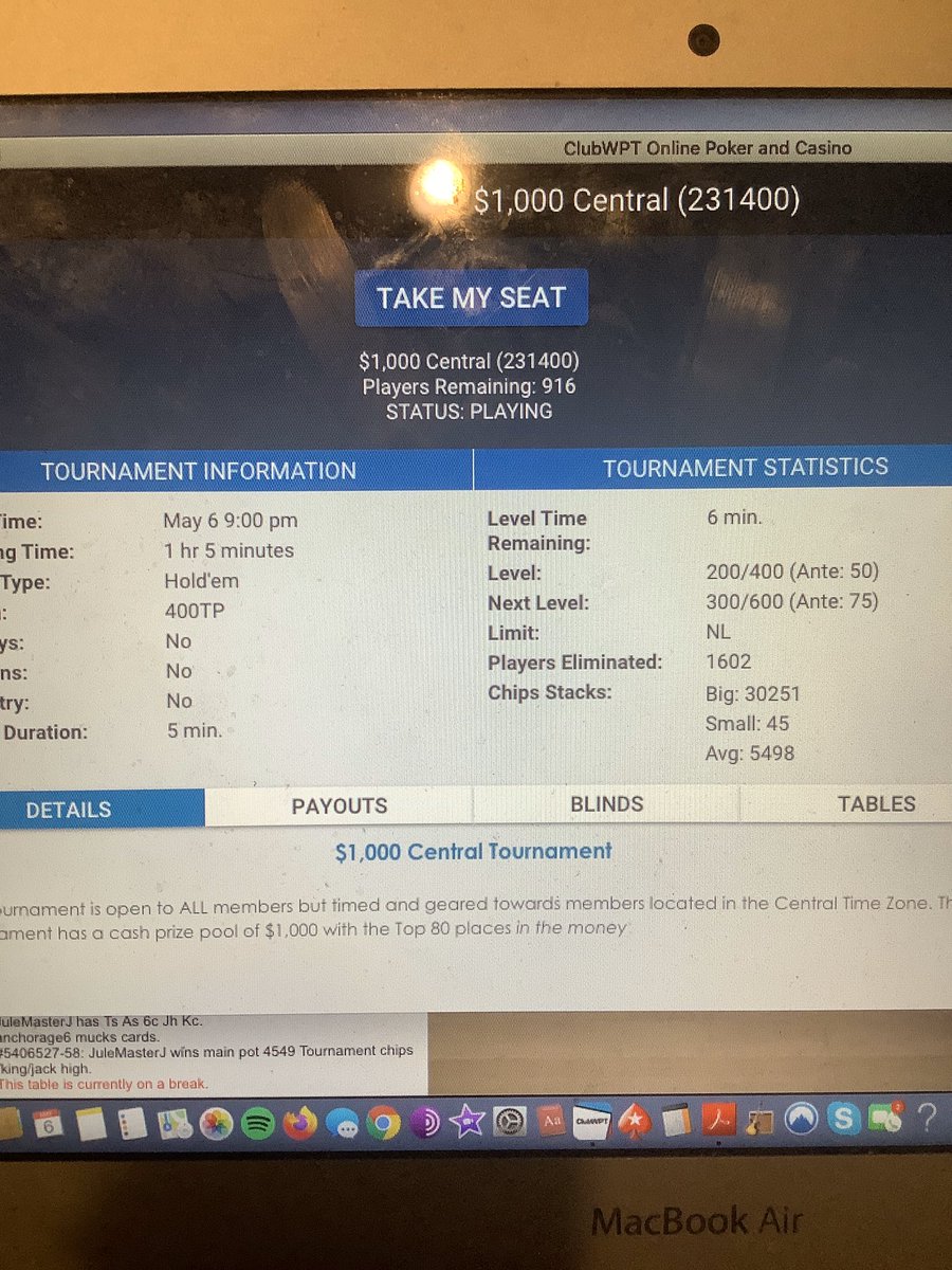 JulianRoux4's tweet photo. Playing the $1,000 Central on @ClubWPT.  Starting chips 2K. Ran it up to 12,516 to the 1st break. Time to continue the run good. #letsgo #rungood #poker #online #stayathome #tournament #strategy https://t.co/1WmQ2wIKL7