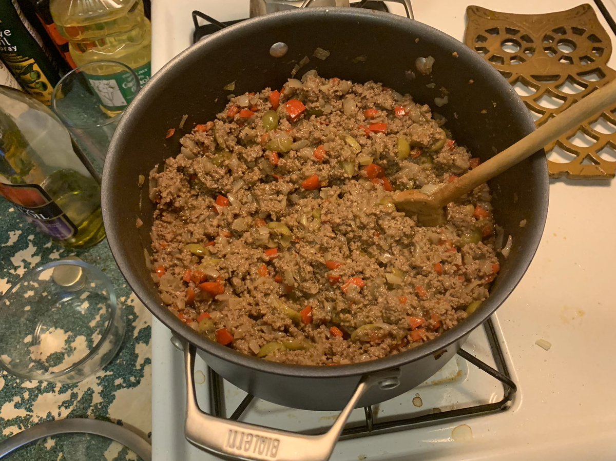 After the meat is brown and cooked through you can add the olives, hard boiled egg, and if you want raisins ( but my mom does and so do many other people). My roommate doesn’t like eggs so unfortunately mine won’t have any.