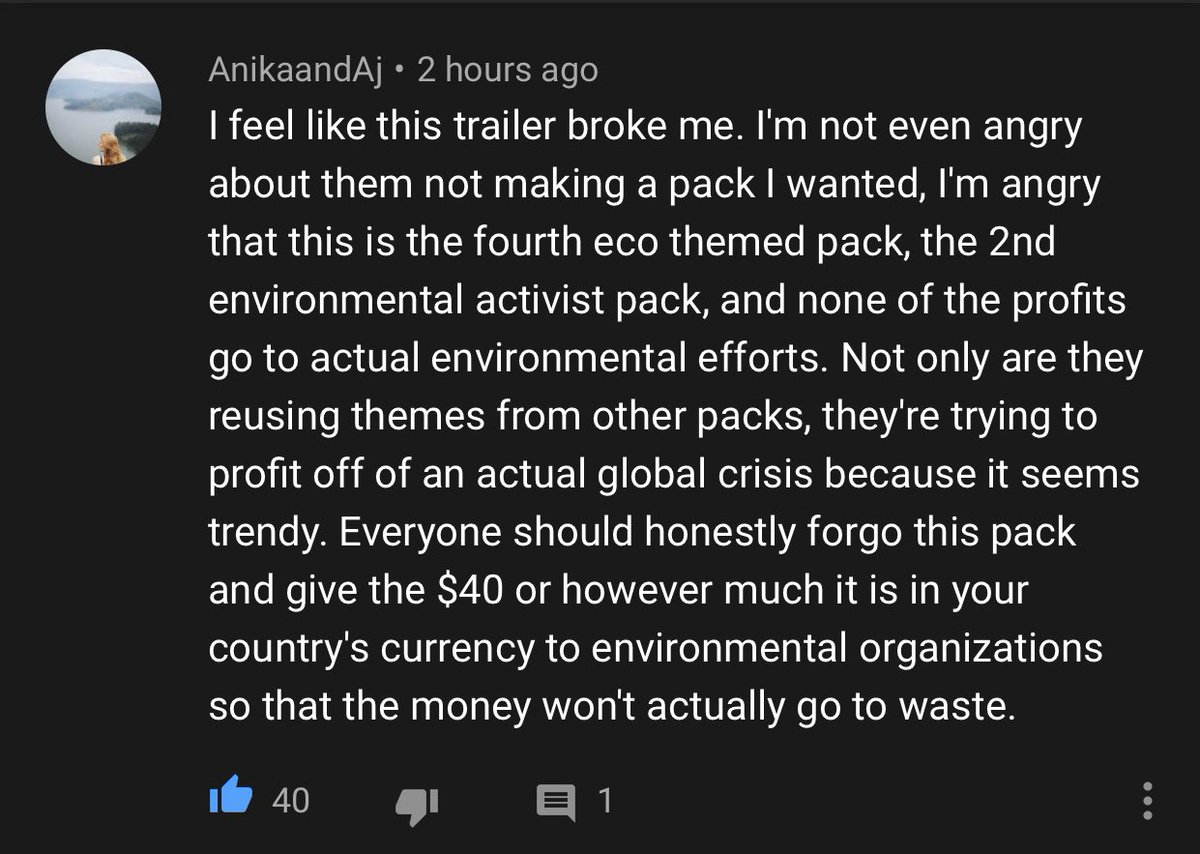 lemonysim's tweet photo. Saw this comment under the Eco Lifestyle expansion pack trailer for the Sims 4 &amp; I thought it needed to be shared... wake up EA https://t.co/Zasaf9ao32