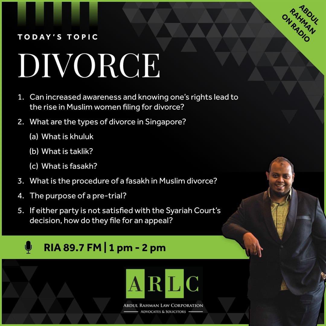 In relation to Hak Siapa, episode 7 on our previous post, Abdul Rahman will be discussing on "Divorce".

Tune in today to RIA 89.7 FM at 1 pm today!

#lawyerrahman #encikrahman #arlc #sgunited #circuitbreakersg