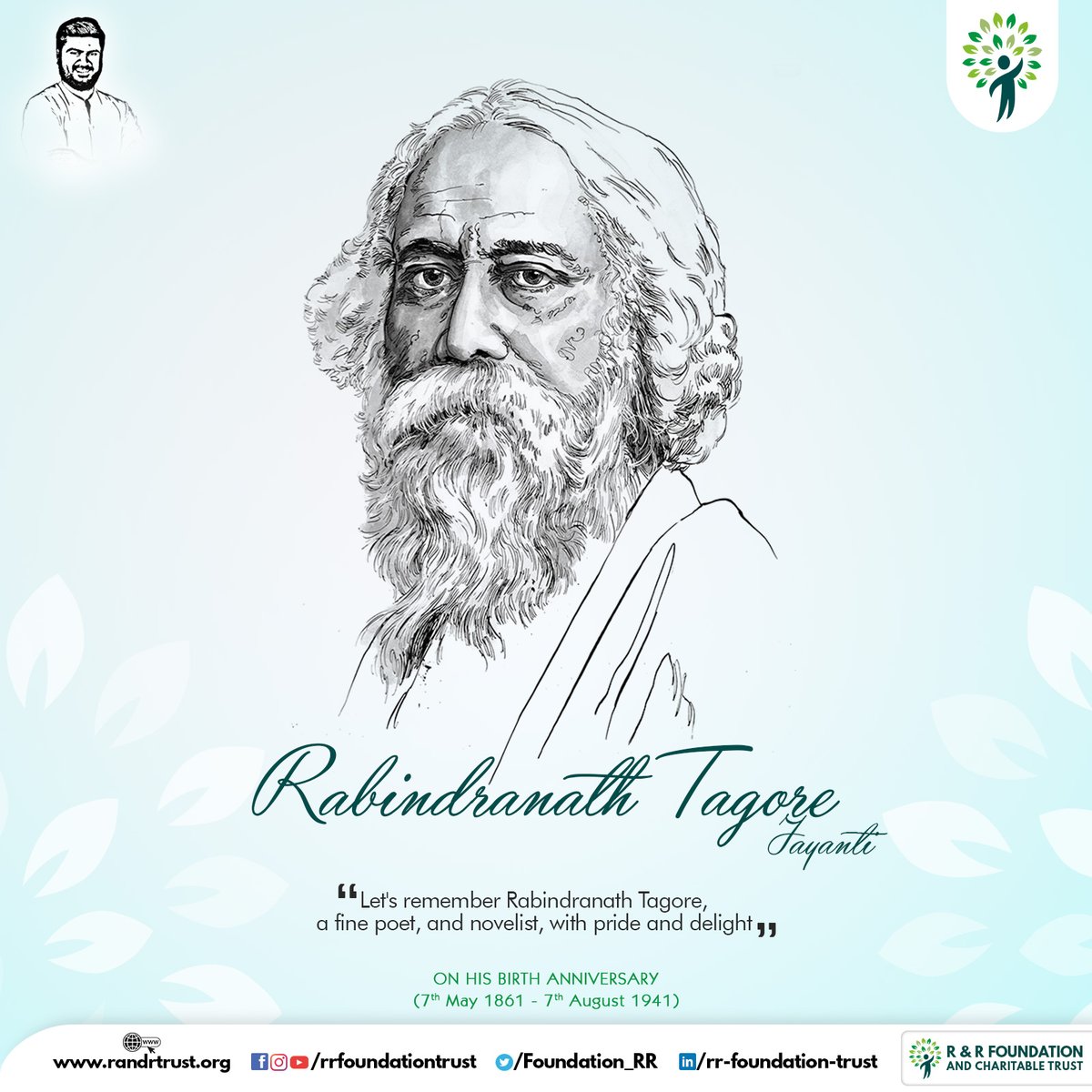 Foundation_RR's tweet photo. Let’s remember Rabindranath Tagore, a fine poet, and novelist, with pride and delight
Rabindranath Tagore Jayanti..!
#RRFoundationTrust #RabindranathTagore #Jayanti #RabindranathTagoreJayanti2020 #IndiaFightsCorona #StrongerTogether #Lockdown3_0 #StayHomeStaySafe https://t.co/t1hIT0sb7j