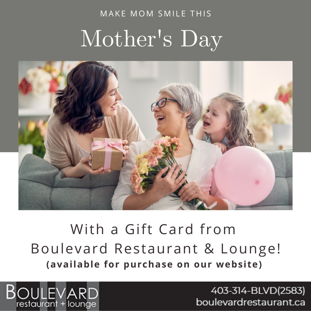 BoulevardRD's tweet photo. Make Mom smile this #MothersDay with a gift card from us!

Available for purchase here: https://t.co/Hbet18zh5H

#boulevardrd #RedDeer #giftideas #gifts #GiftCards #love #mom https://t.co/yfJZbKc7kZ