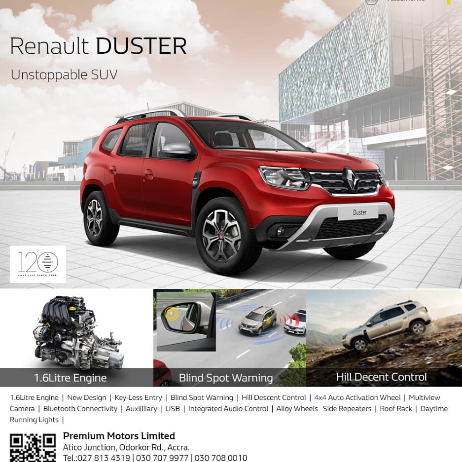 RenaultGhana's tweet photo. Get onto new adventure everyday with #RenaultDUSTER ’s groundbreaking prowess. Its monocoque design with features like Hill-Start Assist, ESP, 5.8L/100km fuel consumption helps make any adventure easier.
Contact us - 0559586412 / 0307079977 / 0307080010
#NowEvenBOLDER https://t.co/UxzsjHVTwm