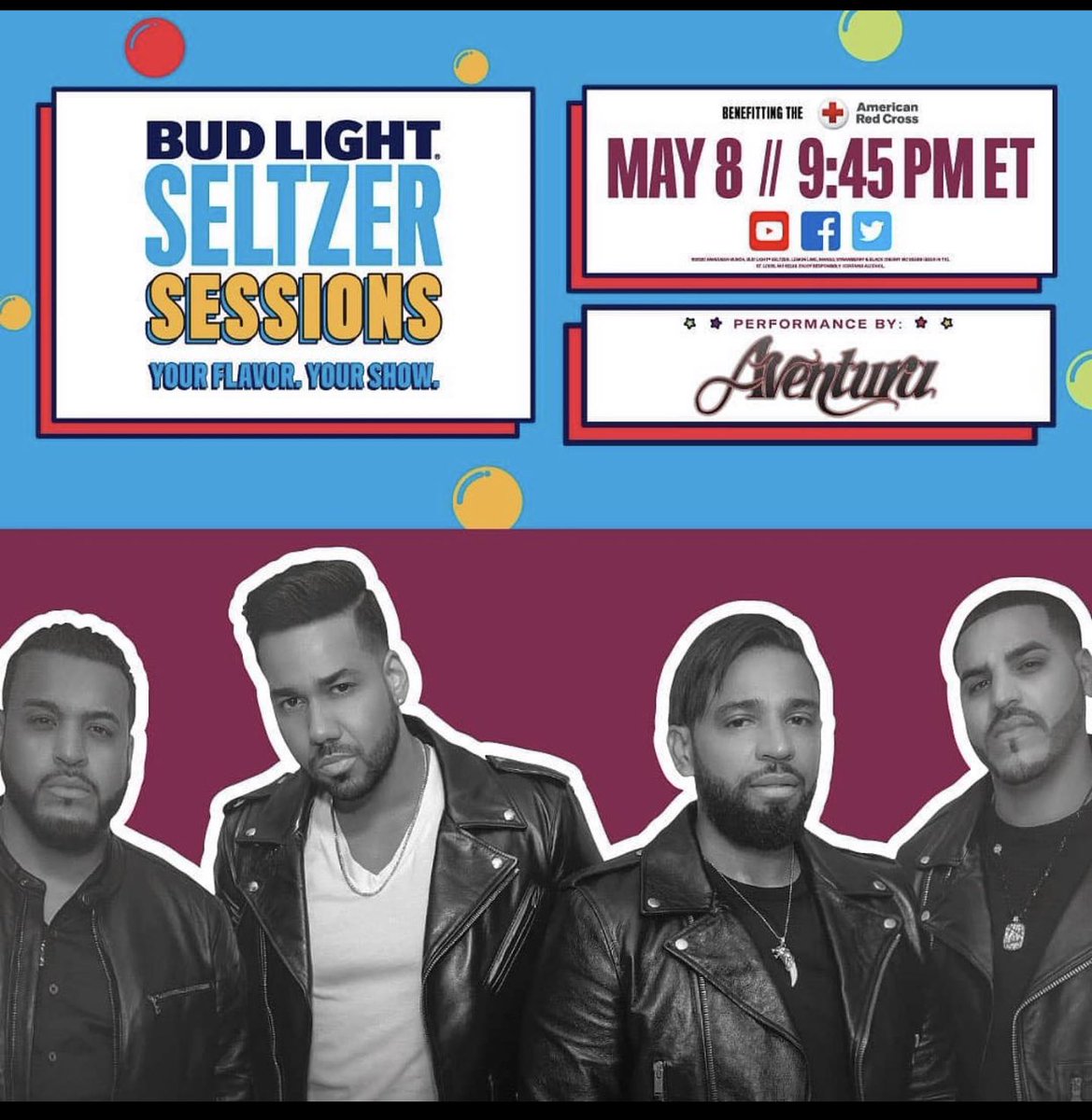 Mikegagent's tweet photo. This Friday at 9:45 pm EST @romeosantos will be live on Facebook with @aventura part of the Seltzer Sessions @BudLight! #RomeoSantos #Aventura #UTAMusic https://t.co/00QNmgNJRe