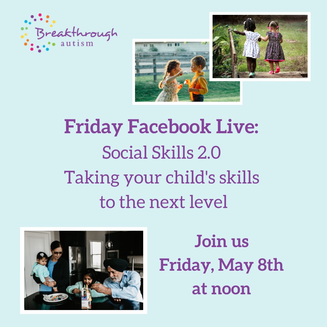 BrkthrughAutism's tweet photo. Are u ready 2 help ur child take their social skills 2 the next level?
Our next Friday Facebook Live is for you!
Join us this Friday, May 8th @ noon & get ready 2 learn some gr8 #ABA tips & tricks.
#BCBA #learningathome #breakthroughlearning #socialskills #autism #asd https://t.co/N8CtmnaPzm