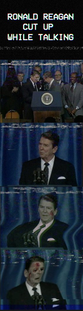 Parece una grabación de vídeo casera del antiguo presidente de E.U. Ronald Reagan en su discurso "Evil Empire"en la Asociación Nacional de Evangelistas en el hotel Twin Towers de Sheraton, Orlando, Florida (3/8/1983)