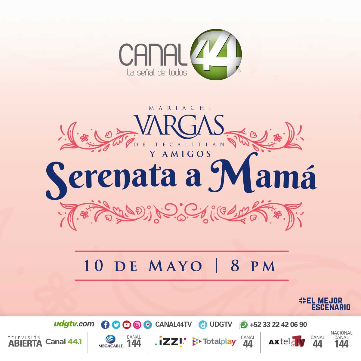 Este domingo 10 de mayo a las 8:00 p.m., con motivo de la celebración del #DíaDeLasMadres, <a href="/EscenarioMejor/">El Mejor Escenario</a> y <a href="/CANAL44TV/">Canal 44</a> te presentamos al gran Mariachi Vargas de Tecalitlán y Amigos con su "Serenata a Mamá"

#TeEsperamos #QuédateEnCasa