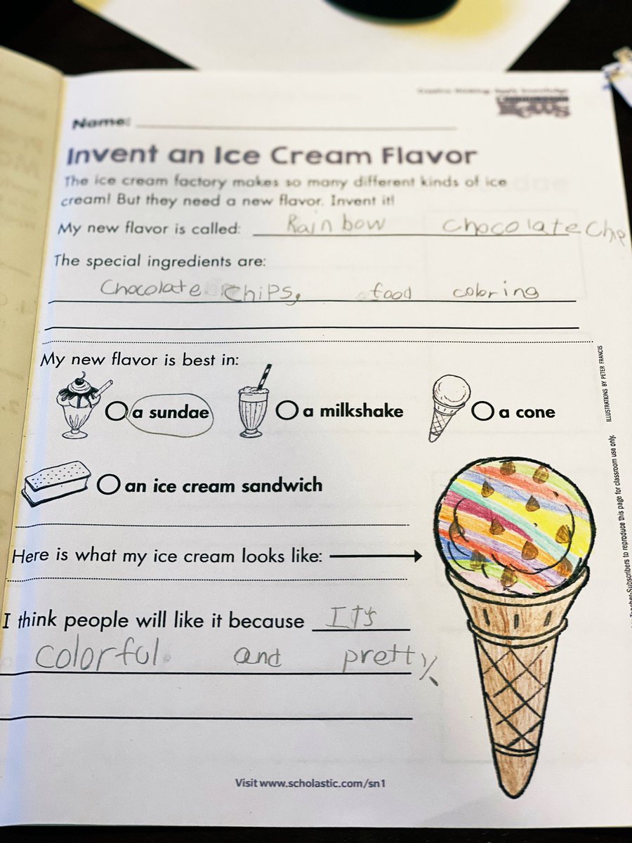 Mrskrausmann210's tweet photo. I scream, you scream, we all scream for ice cream!! Yummy! Look at what this kiddo worked hard on today!  #Masonlearners @MasonelemGP @rbishop_jr https://t.co/UyW4K3auUm