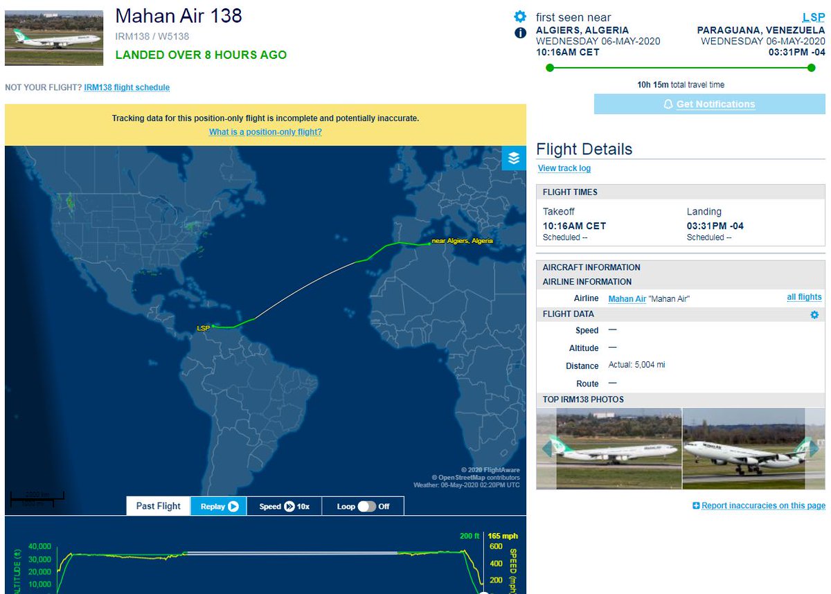 On 6 May in Venezuela arrived fifteenth flight in row of Mahan Air from Iran (with intermediate landing in Algiers)