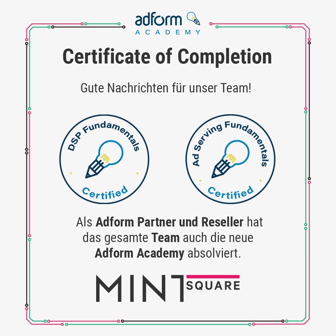 MINTSquareDE's tweet photo. Unser gesamtes Team hat offiziell die neue Adform Academy abgeschlossen. Als Reseller und Partner von Adform sind wir stolz auf diese Leistung!
https://t.co/J07CaTQSgh
#success #team #adform #dsp #certified #teameffort #onlinemarketing #adform https://t.co/OHtWvoZja5