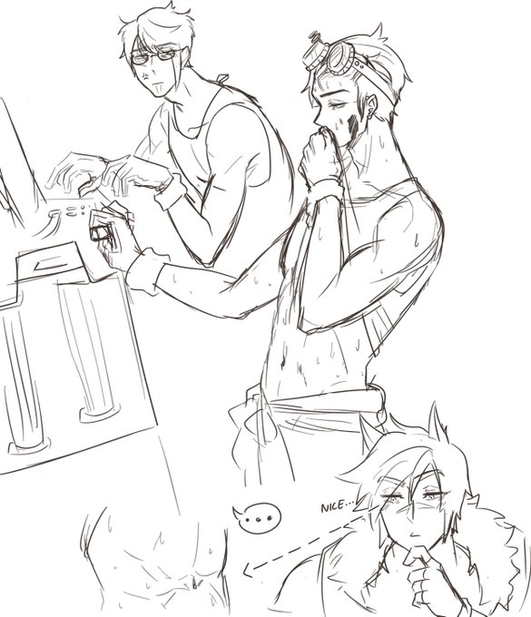 Some more Settphel sketches. 

Mechanic Phel assigned to Sett's avalon and maybe mafia!Settphel??? Got inspired by Shin and Noi from Dorohedoro akjsdfasdf 