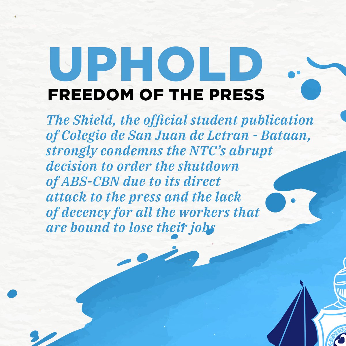 LetranTheShield's tweet photo. Official Statement of The Shield regarding the ABS-CBN shutdown. #WeAreTheShield #DefendPressFreedom https://t.co/dWlfyJzsUq