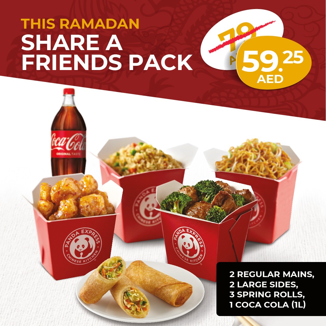 PandaExpressUAE's tweet photo. Friendship Starter Pack:  2 Regular mains, 2 large sides, 3 spring rolls, 1 coca cola (1L) for only AED 59.25! Start a lasting friendship by calling 80072632 or order through our website.   #PandaExpressME #HomeDelivery #Foodies #MyDubai #StayHome #RamadanKareem #Promo https://t.co/coBF0uoapy