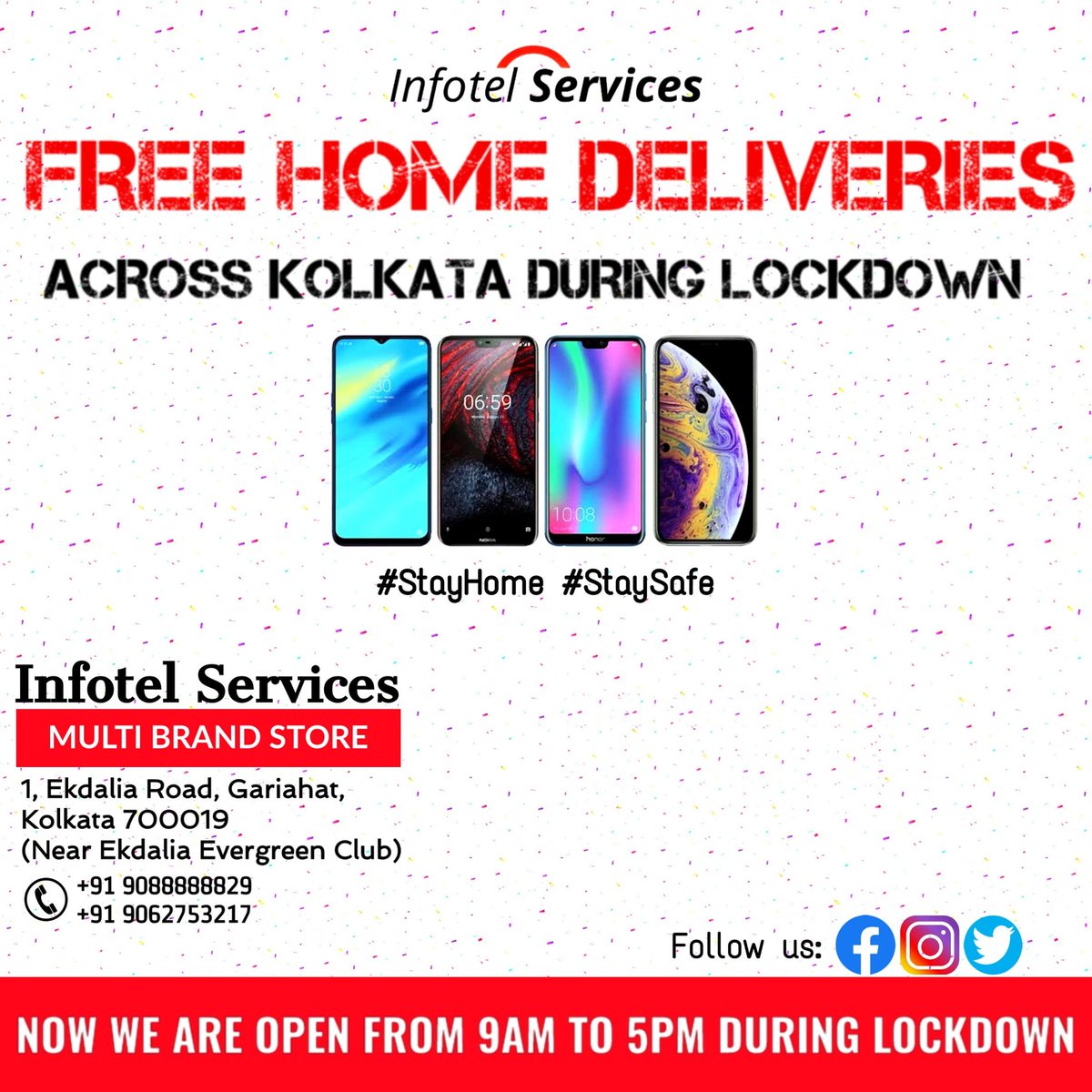 infotelservices's tweet photo. Now we are open from 9am to 5pm during Lockdown. Get your favorite #smartphone delivered at your doorstep. We have also initiated Doorstep Delivery services in Kolkata.
#InfotelServices #deliveryservice #deliveryatyourdoorstep
#covi̇d19 #coronavirusoutbreak⚠️ #StayAtHomeSaveLives https://t.co/TP1AA8VCCr
