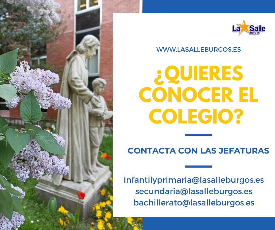 🌟CONÓCENOS 🌟Aunque todavía no hay fechas para el proceso de admisión, queremos conocerte. Si tienes dudas, estamos para ti. Escríbenos y estaremos encantados de hablar contigo. 
lasalleburgos.es 
<a href="/LaSalleSectorVa/">La Salle Sector Valladolid 💙💛</a> <a href="/lasallearlep/">La Salle Arlep</a> #SomosLaSalle #PuertasAbiertasDiferentes