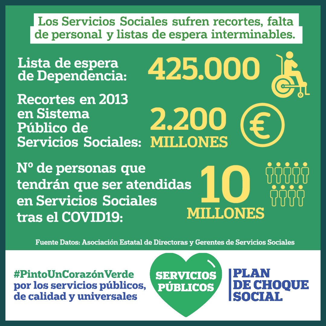 PlanDeChoqueEXT's tweet photo. PLAN DE CHOQUE SOCIAL por la recuperación de nuestros servicios públicos. En Extremadura, y en todo el Estado español, luchemos por unos servicios públicos de calidad y universales.#PintoUnCorazónVerde 💚 https://t.co/xTDV1Yfabs