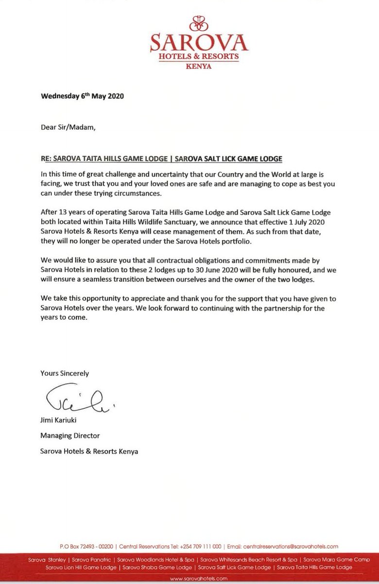 OurebAdventures's tweet photo. Sarova Hotels &amp; Resort will cease management of Sarova Taita Hills Game Lodge &amp; Sarova Salt Lick Game Lodge effective 1st July 2020. 
Keep Safe, Wash Hands, Sanitize, Stay Home. #Weshallovercome https://t.co/0eGueU7h5A