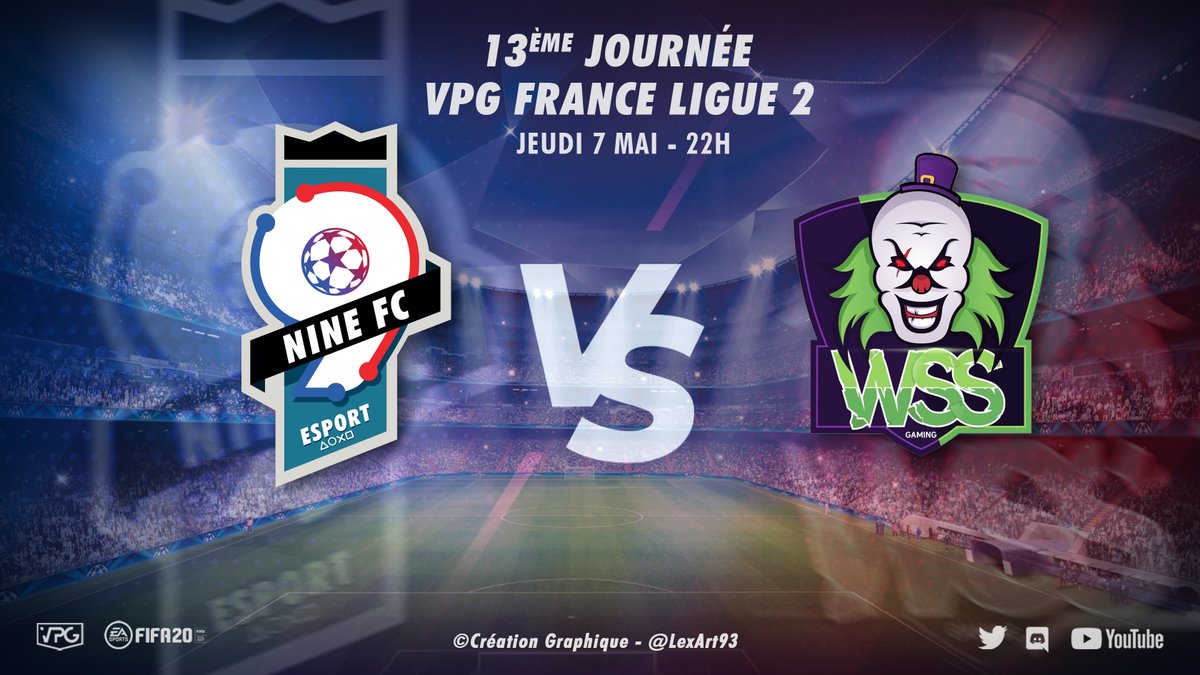 📝 Programme : 13ème journée de Championnat en <a href="/VPGFrance/">VPG France</a> L2 :

📅 Jeudi 7 mai - 22h 
9INE FC 🆚 <a href="/WSS_Ga/">Why So Serious?!</a> 

#VPGFrance #VPG #gaming #eSports #clubpro #FIFA2020 #PS4 
©création graphique - @LexArt93