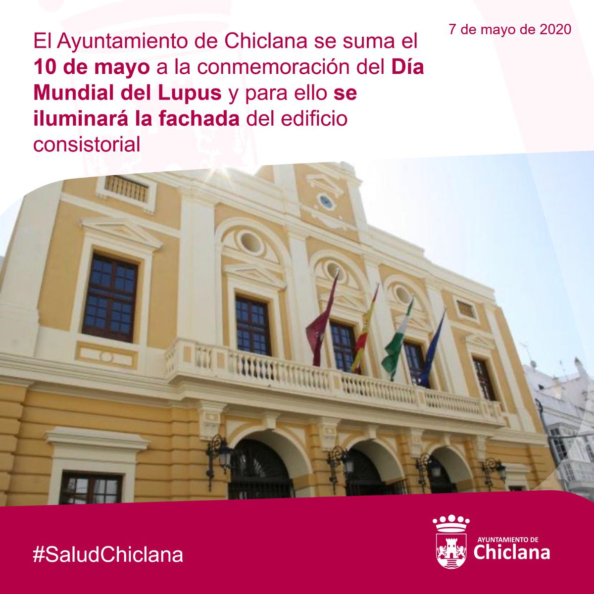 ayto_chiclana's tweet photo. ✅El Ayuntamiento de #Chiclana se suma a la conmemoración del Día Mundial del #Lupus
➡️Esta jornada se celebra el próximo domingo 10 de mayo y para ello se #iluminará de #color #malva la #fachada del #edificio #consistorial
📌Toda la información aquí⬇️
https://t.co/dnNHYyOwxr https://t.co/M99CgGEcaT