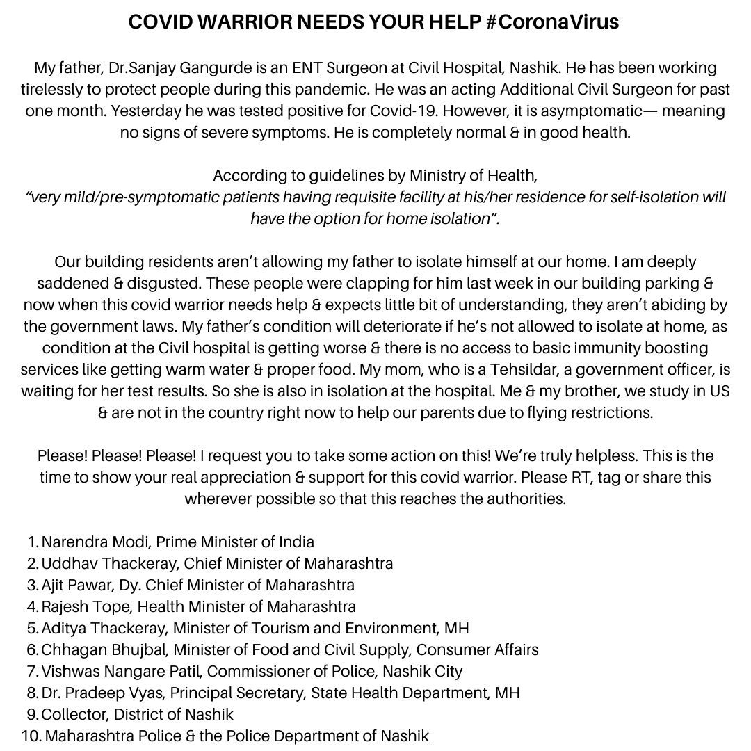 Sumedh_Official's tweet photo. COVID WARRIOR NEEDS YOUR HELP! Please RT #coronavirus @narendramodi @PMOIndia  @MoHFW_INDIA @OfficeofUT  @AjitPawarSpeaks  @AUThackeray  @CMOMaharashtra  @DGPMaharashtra  @rajeshtope11  @vishwasnp  @ChhaganCBhujbal  @InfoDivNashik  @nashikpolice https://t.co/FfvQxqfQy3