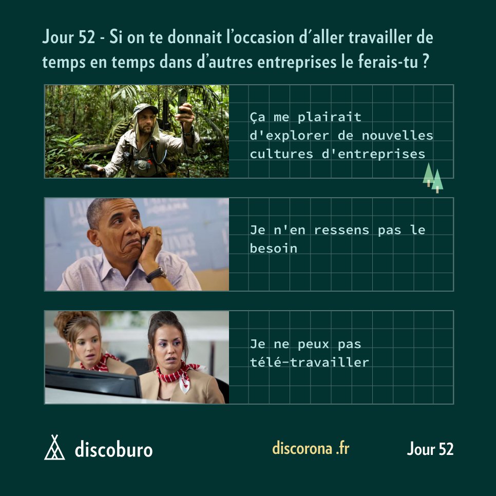 Aujourd'hui, on aimerait avoir vos avis sur <a href="/TryDiscoburo/">Discoburo</a>. 

Partir explorer de nouvelles cultures d'entreprises le temps d'une journée ca vous tente ? 🏕️

Répondez-nous en commentaire ou bien sur discorona.fr