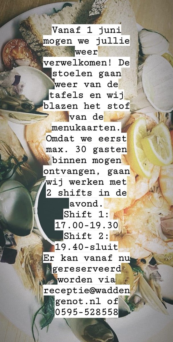 Waddengenot's tweet photo. Ja, we mogen weer! Reserveer nu alvast je tafeltje, want vol = vol 0595 - 528 558 of mail naar receptie@waddengenot.nl

Hopelijk tot snel! https://t.co/9XLni3BrhG