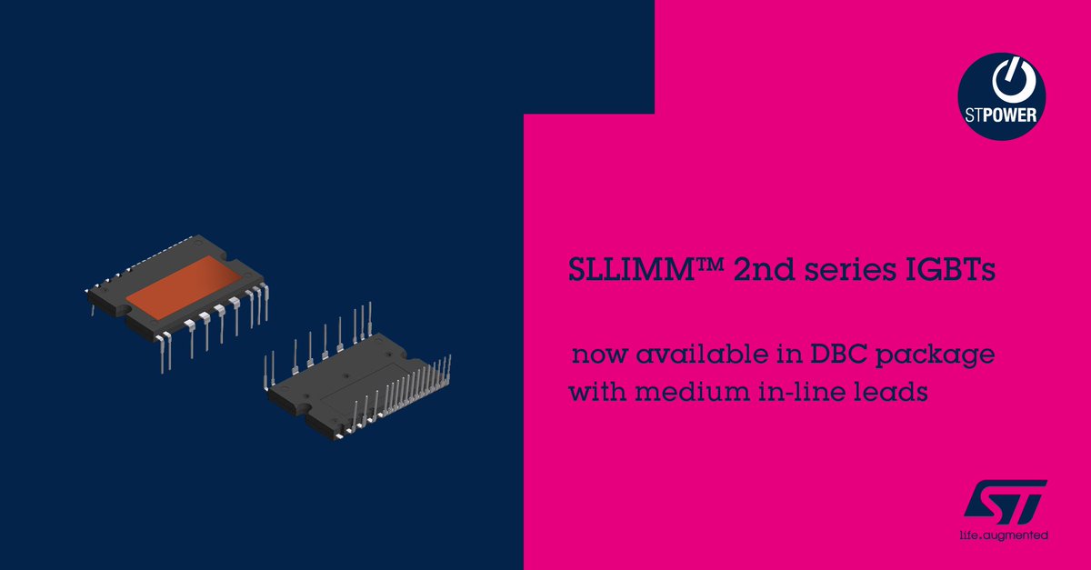 ST_World's tweet photo. An ideal compromise between conduction and switching losses, the SLLIMM™ 2nd series IGBT-based IPMs are now available in a DBC package with medium in-line leads https://t.co/nUbUnMySxI #powermodules #powertransistors https://t.co/V0CquNX5NN