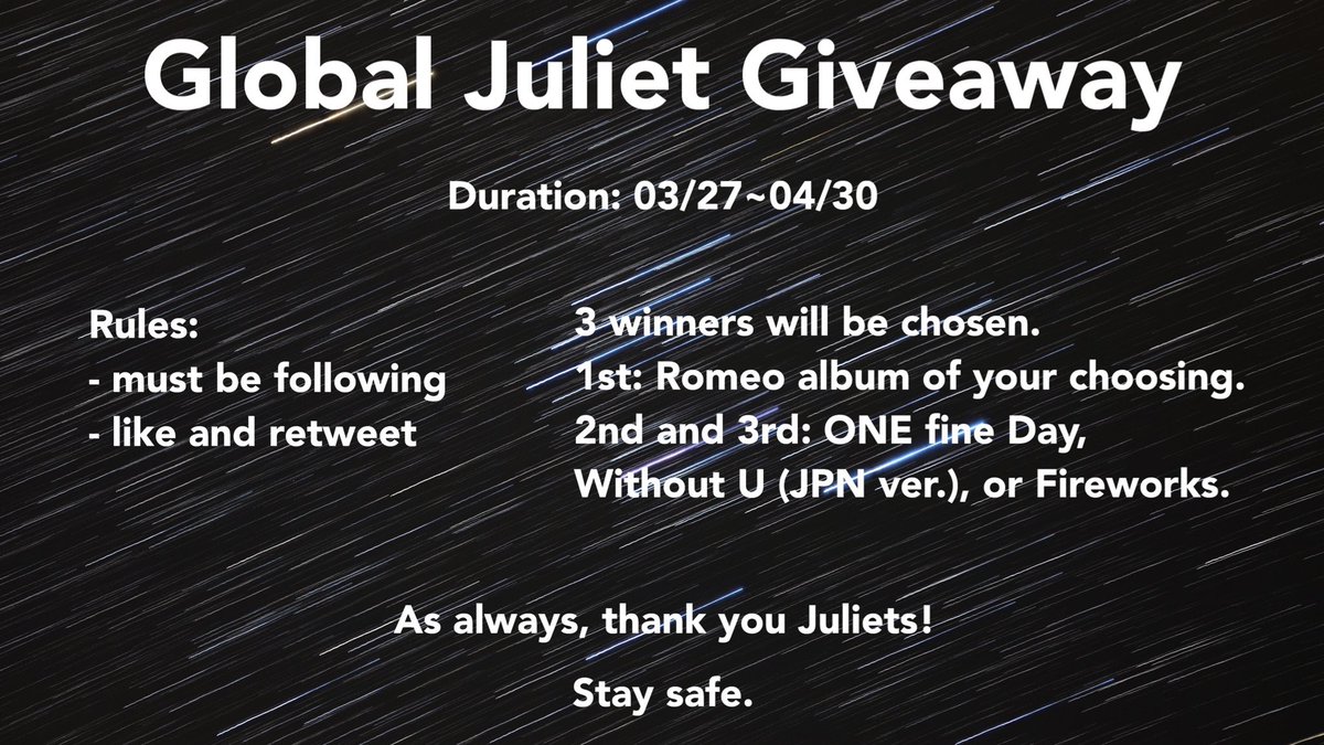 GlobalJuliet's tweet photo. Hello Juliets!
I apologize for the delay in announcing the winners! I wanted to save it for Romeo’s 5th anniversary! 

1st: @alena5738 
2nd: @subinbunny 
3rd: @vminsnoodles 

Please DM me to claim your prizes! ✨ https://t.co/P8CbvMrDq5