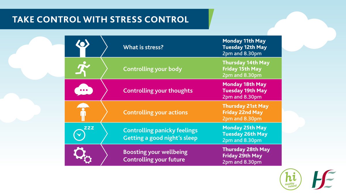 HsehealthW's tweet photo. Stress Control Online classes are back and will run again from next Mon and Tues on https://t.co/hXcqaj3hkD. Each session will be broadcast on two days at 2 and 8.30. Please share with your networks as these are vital skills at this time. #COVID19 #StressControlIrl https://t.co/dEb5sfUFZJ