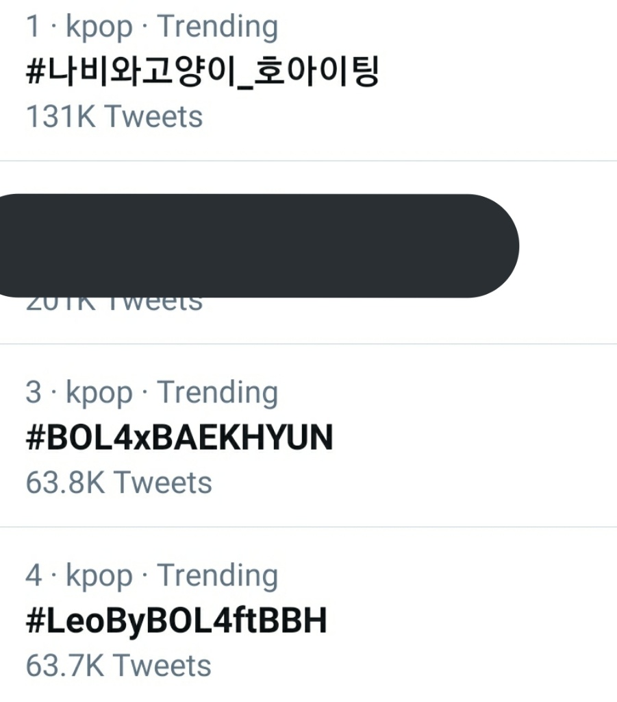 aeridays's tweet photo. Worldwide Trends "BAEK"Over

1. #나비와고양이_호아이팅

3. #BOL4xBAEKHYUN

4. ##LeoByBOL4ftBBH

#EXO @weareoneEXO @B_hundred_Hyun https://t.co/I1gYMUYKNC