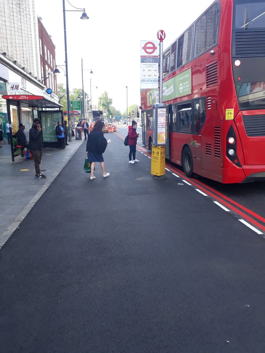 willnorman's tweet photo. New wider pavements and bus stops for safe social distancing in Brixton today. @MayorofLondon &amp; @tfl working with @lambeth_council 👍👍#StreetspaceLDN https://t.co/DktS0p3HCn