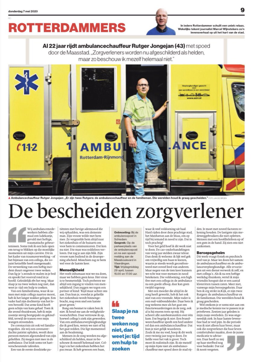 ‘Bescheidenheid siert de mens’. Mooi interview met ambulancechauffeur Rutger Jongejan in het AD. Een inkijkje in het (privé)leven van een zorgverlener waar de regio trots op mag zijn.