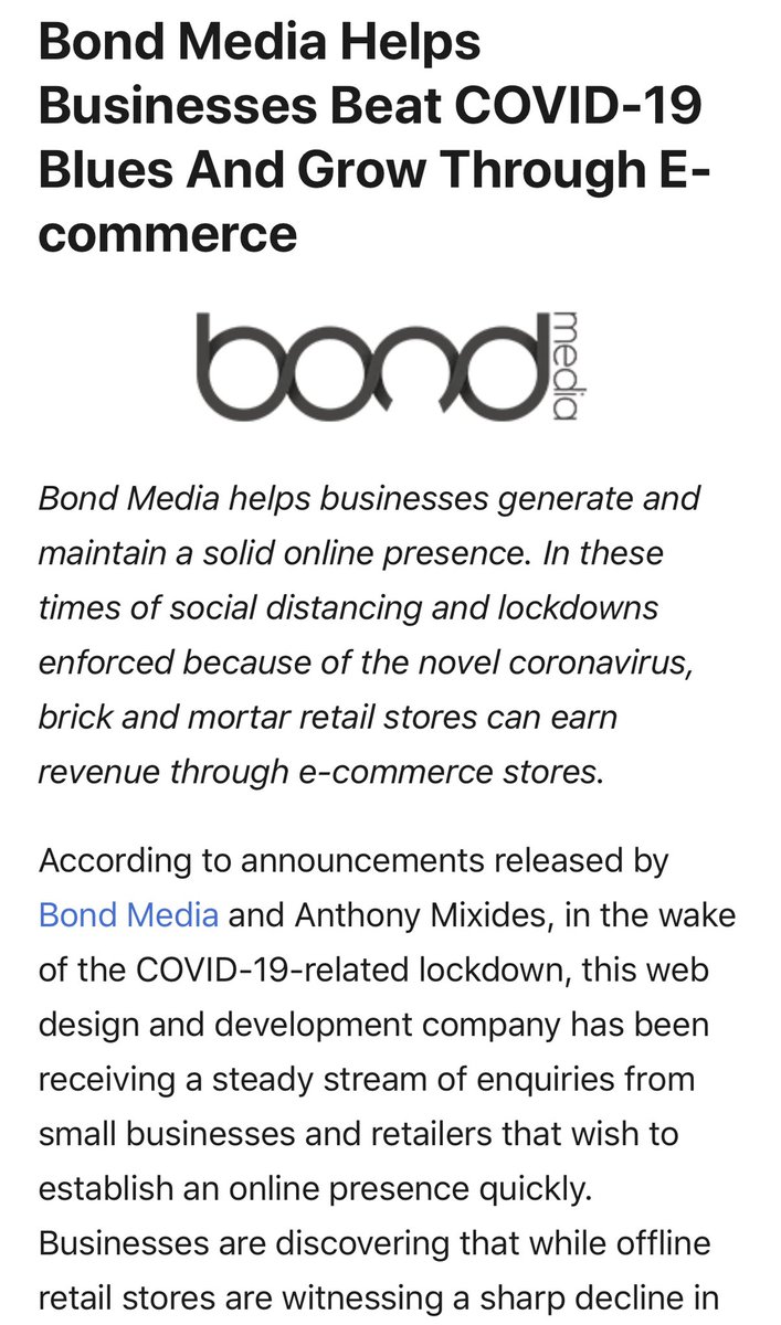 bondmedia's tweet image. Bond Media in the news for helping businesses get online and earning in this difficult period. Have a read 
digitaljournal.com/pr/4672078

#ecommerce #webdesign #COVID19 #businesssupport