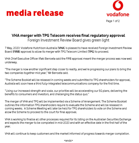 political_alert's tweet photo. VHA merger with TPG Telecom receives final regulatory approval #auspol https://t.co/jgUp2M8tdn