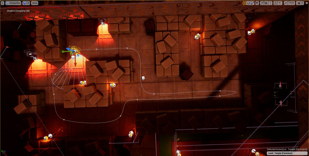 SageOfMirrors's tweet photo. Mad props to the artists on my capstone team. Our game looks amazing!

The thing that's selected is the Damned, the main enemy of the game. I wrote its AI. I also implemented path following with a spline, which is the loop in the center. https://t.co/S0thDHi9qx