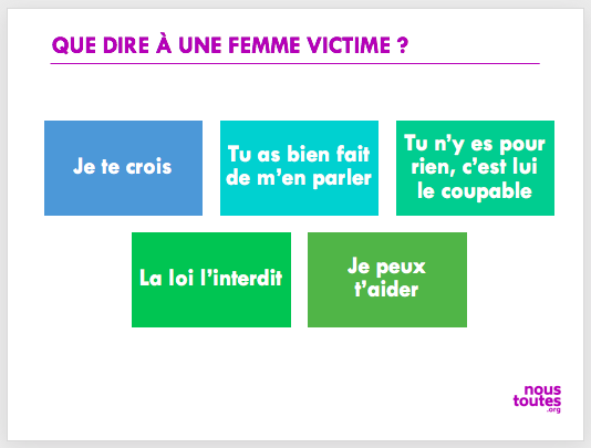 🗣 Que dire à une femme victime de violences qui vient vous voir ?
• Je te crois
• Tu as bien fait de m’en parler
• Tu n’y es pour rien, c’est lui le coupable
• La loi l’interdit
• Je peux t’aider