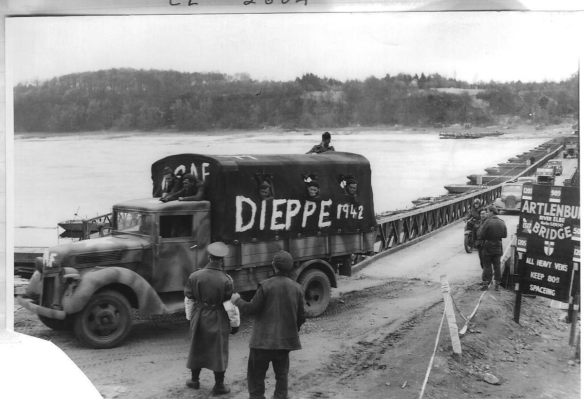 RoyalAirForce's tweet photo. On This Day in History: 7 May 1945

The Strategic level act of surrender was signed by the Germans in the morning at Supreme Allied Headquarters (Rheims).

The image shows RAF POWs crossing the Elbe after the Long March.

One day until Victory in Europe is announced.

#VEDay75 https://t.co/CH8DneloBx