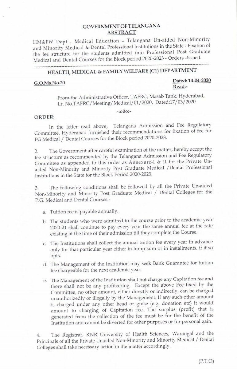 VamsiChandReddy's tweet photo. I strongly condemn the atrocious decision of #Telangana govt to hike t fee of PG #Medical &amp; #Dental courses to upto 7.5 lakhs. On behalf of all #Doctors @UnitedRda of the state I request Hon'ble @TelanganaCMO to withdraw the GO MS No 20. 
Brutal decision during #COVID19 #lockdown https://t.co/uVUEKlJndL
