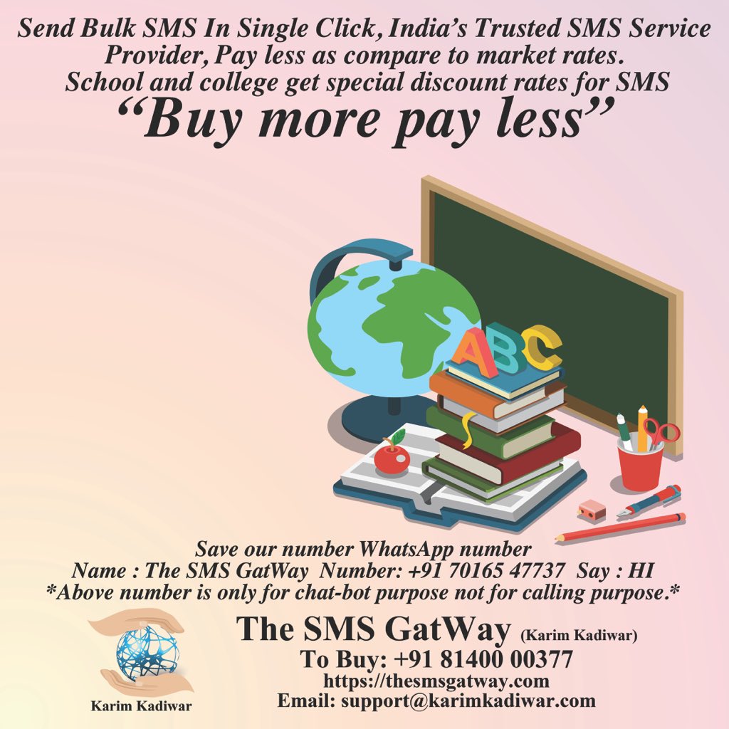thesmsgatway's tweet photo. “Bulk Sms Services for Education“
Send Bulk SMS In Single Click, India’s Trusted SMS Service Provider.
Call On +91 8140000377
@The SMS GatWay.
https://t.co/0CPe8of5nN
Get Assured Best Services
#karimkadiwar #thesmsgatway #Buymorepayless #sms #bulksms #websms #otp #school #college https://t.co/lmCJdH3GqO